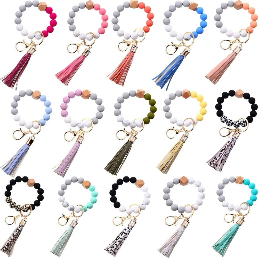 

15 Piece Silicone Beaded Key Ring Bracelet Wristlet Holder with Tassel Chain for Women