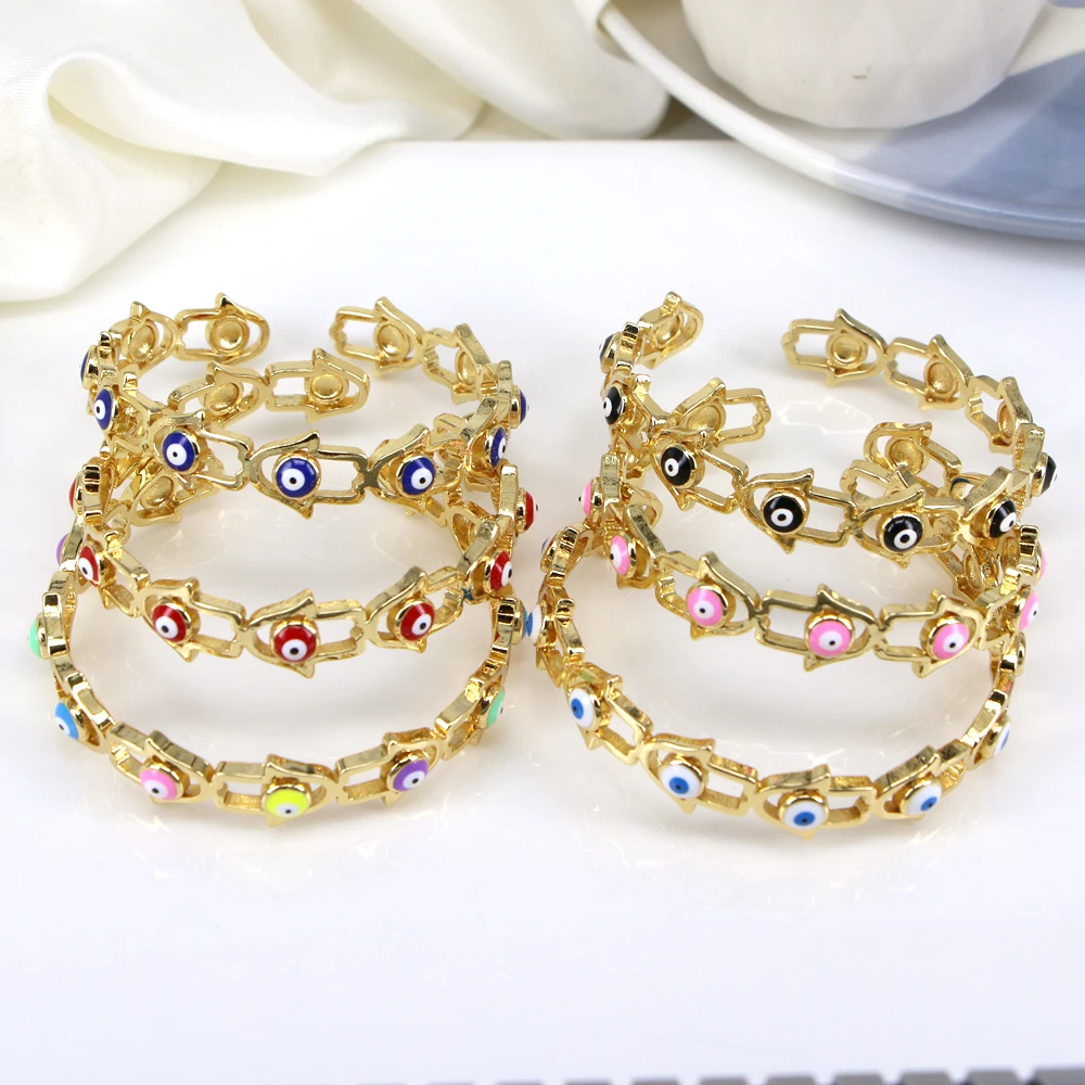 

5PCS, Fashion Palm Eye Shape Cuff Bangles For Women Girls Zircon Enamel Hamsa Hand Bangles Fine Party Wedding Jewelry Gift