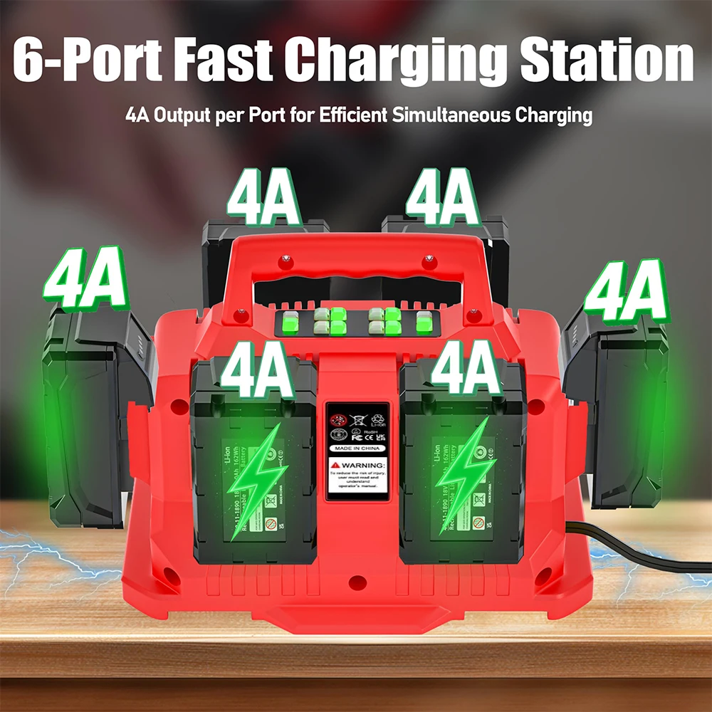6-Port Rapid 18V Battery Charger Replacement for Milwaukee 48-59-1806, Compatible M18 14.4V-18V, Simultaneous 6-Battery Charging