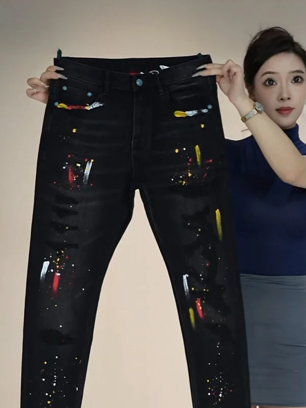 

Мужские джинсы прямого кроя Slim Fit, осенне-зимние, модные, с эффектом потертости, роскошные, длинные брюки, повседневные, из хлопка