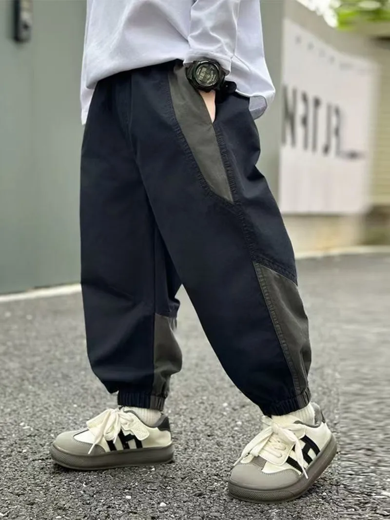 2026 New Spring Autumn Fashion Splicing Style Boys Pants Loose Patchwork Sport Overalls Cargo Trousers For 4-15 Years Old Kids