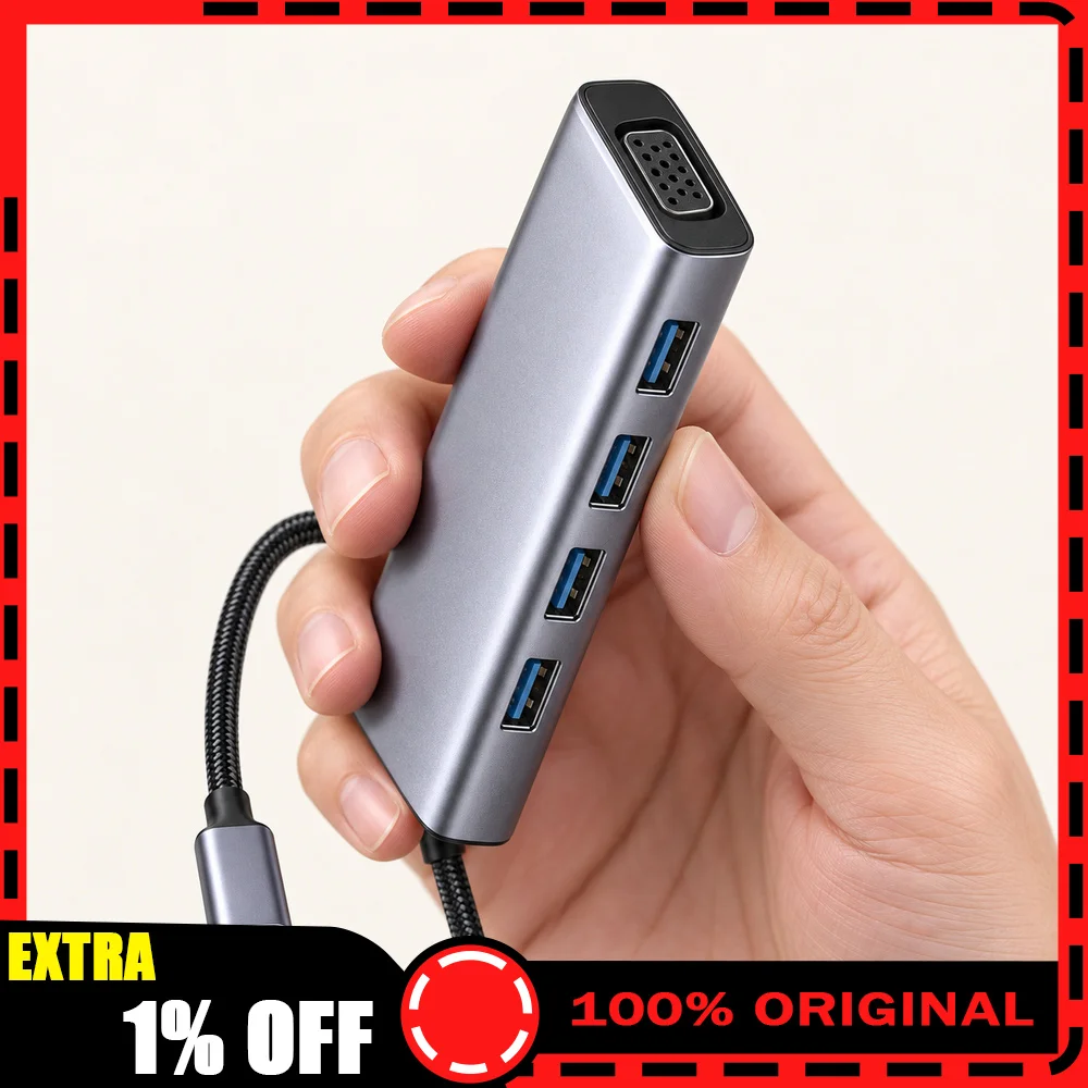 UGREEN CM498 90882 5-in-1 USB-C to VGA Hub, 1080p 60Hz VGA Adapter with 4 USB-A 3.0 5Gbps Data Ports