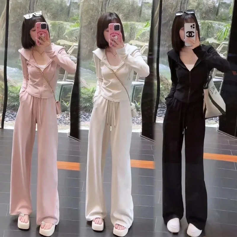 Women's Casual Sportswear Set Spring Autumn New Hat Sweatshirt Wide Leg Pants Fashionable Running Two Piece Set