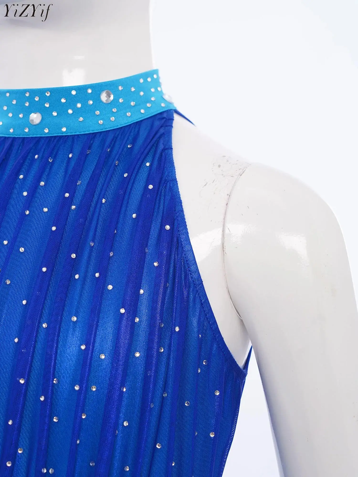 

Kids Girls Lyrical Ballet Dance Dress Chiffon Sleeveless Shiny Rhinestones Metallic Mesh Irregular Dress Ballerina Dancewear