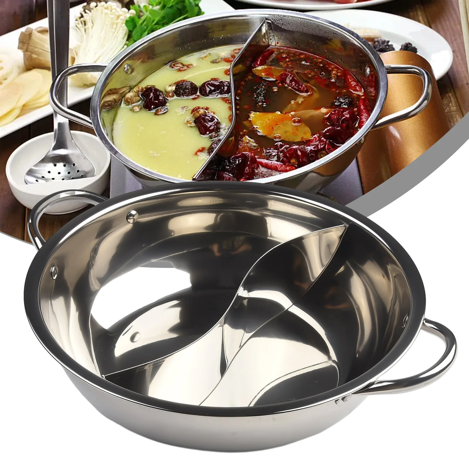 

30cm Twin Divided Hot Pot Stainless Steel Hotpot Kitchen Cooker Home Cooking Cookware Soup Cooking Pot