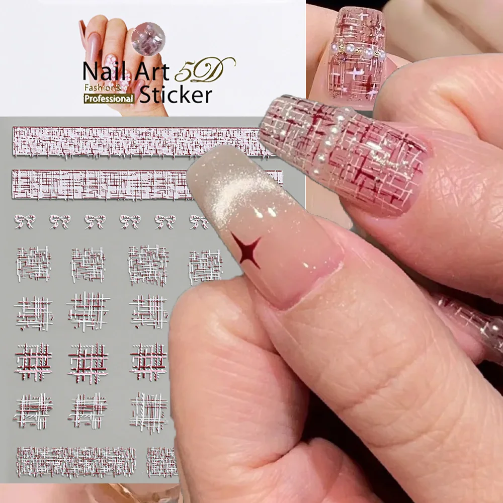 5D Pink&Red Checkered Line Sweet Nail Stickers Elegant Checkered Nail Decal Self-Adhesive Bow Checkered Cute Girl Slider &*&