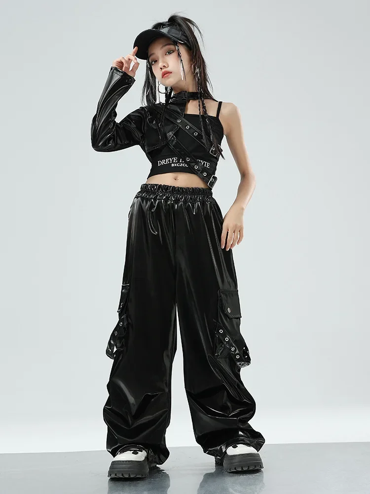 

PU Leather Street Dance Joggers Kids Streetwear Costumes Hip Hop Girls Crop Top Cuff Camouflage Cargo Pants Clothes Sets Child