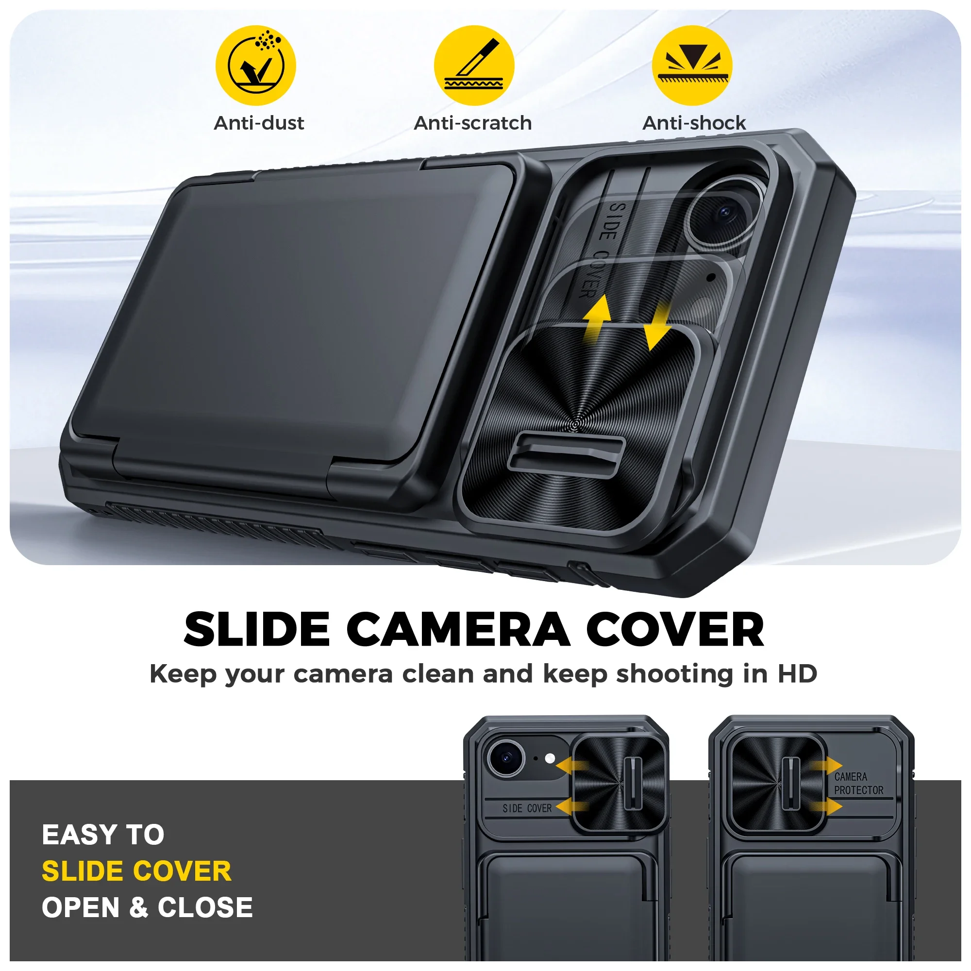 هدايا الهالوين، حامل بطاقات محفظة RFID، غطاء كاميرا، جراب هاتف واقٍ متين مقاوم للصدمات لهاتف iPhone 16 E-Black