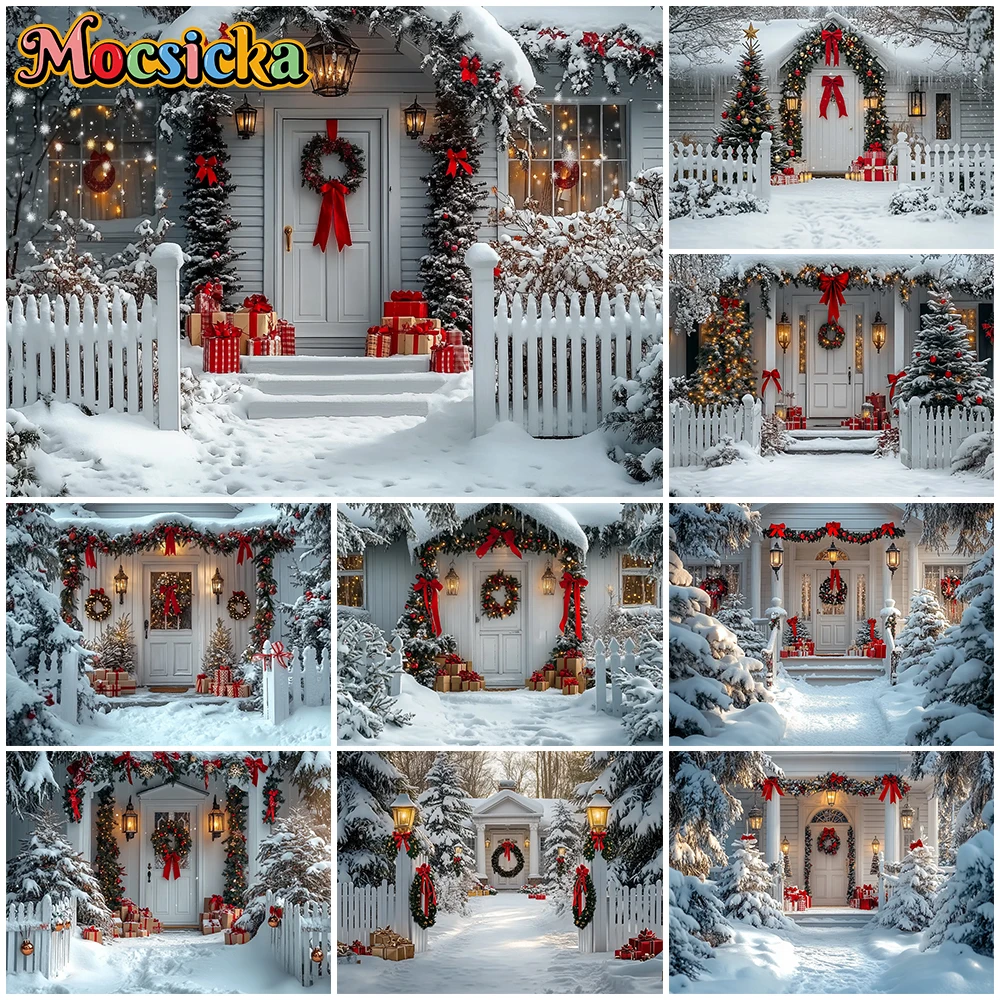 

Mocsicka New Year Party Photo Backdrop Winter Snow White House Door Decorations Christmas Family Festival Photography Background