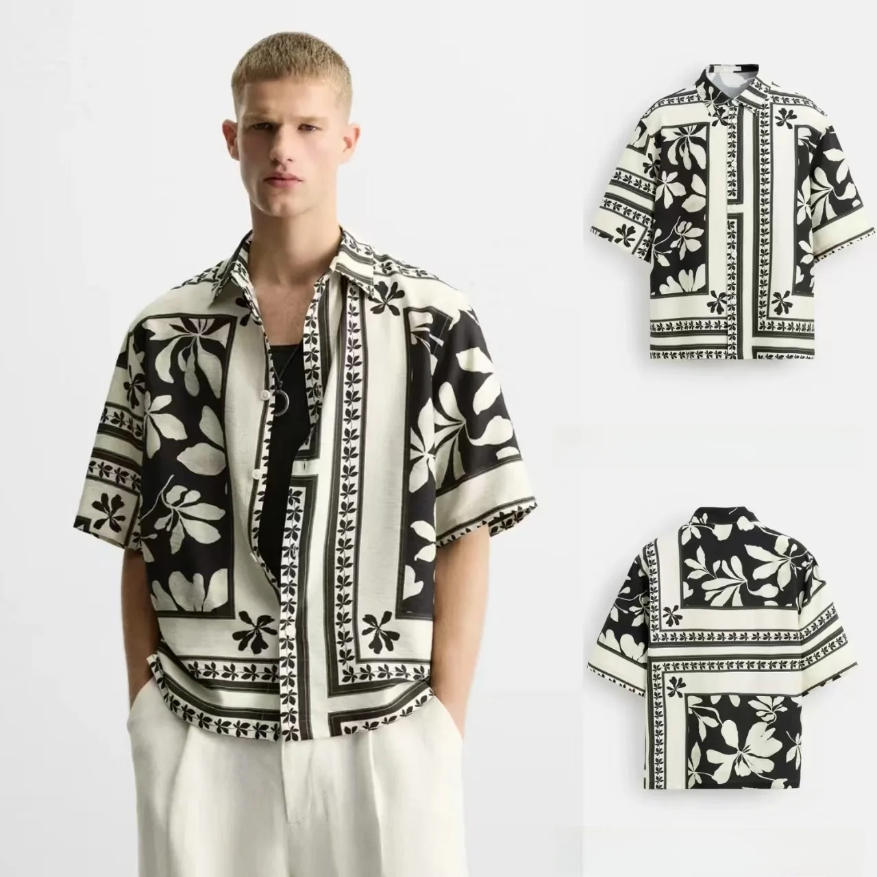 

Summer 2025 Men's Casual Loose Fit Printed Short Sleeve Shirt Turn-down Collar Trendy New Arrival Youth Fashion Cool Sensation