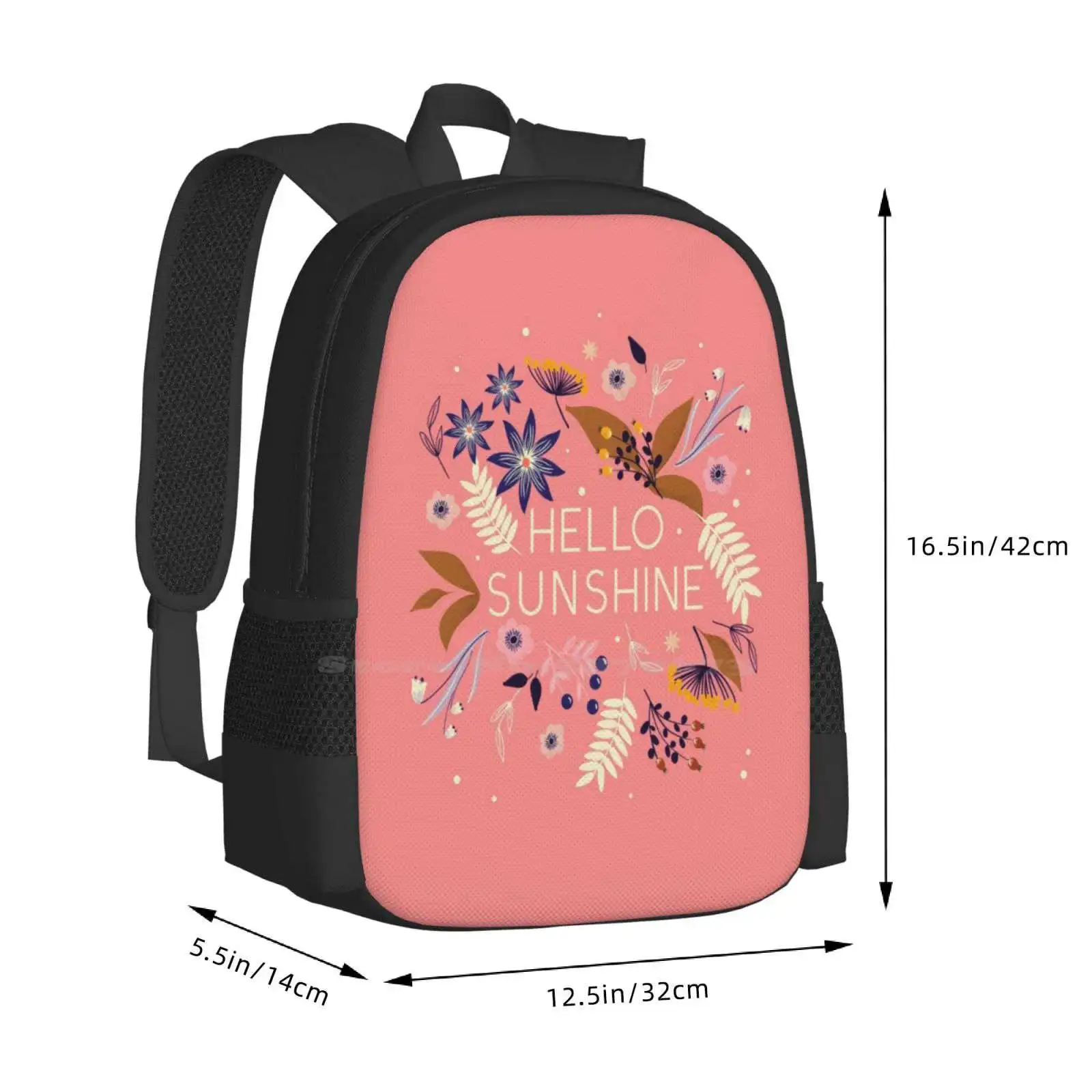 Mochila con diseño de impresión 3D Hello Sunshine para estudiantes, bolsa de flores, tipo de tipografía, Hello Sunshine Florals, naturaleza, jardín, Girly