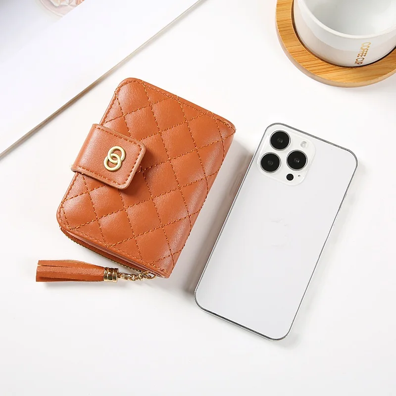 Fashion Women Small Leather Credit Cards and Cash Wallet Korean Ladies Short Large Capacity Tassel Wallet with Zipper Money Clip