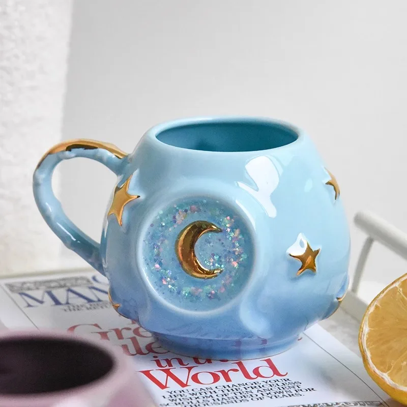Ceramic 400ml Starry Sky Mug - Shimmering Colorful Star Cup, Creative Birthday Gift, Stylish Handheld Water Cup