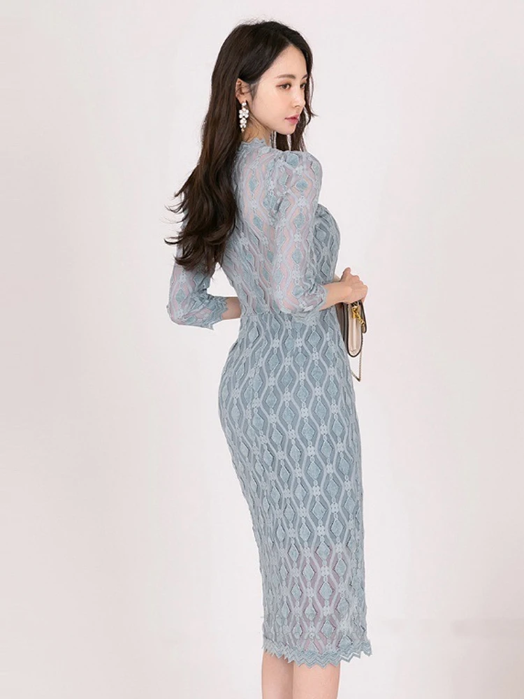 Fashion Lady Y2K Lace Pencil Holiday Dress Women Clothes Mujer Elegant Sheer Sexy Stand Neck Slim Slit Midi Party Prom Vestidos