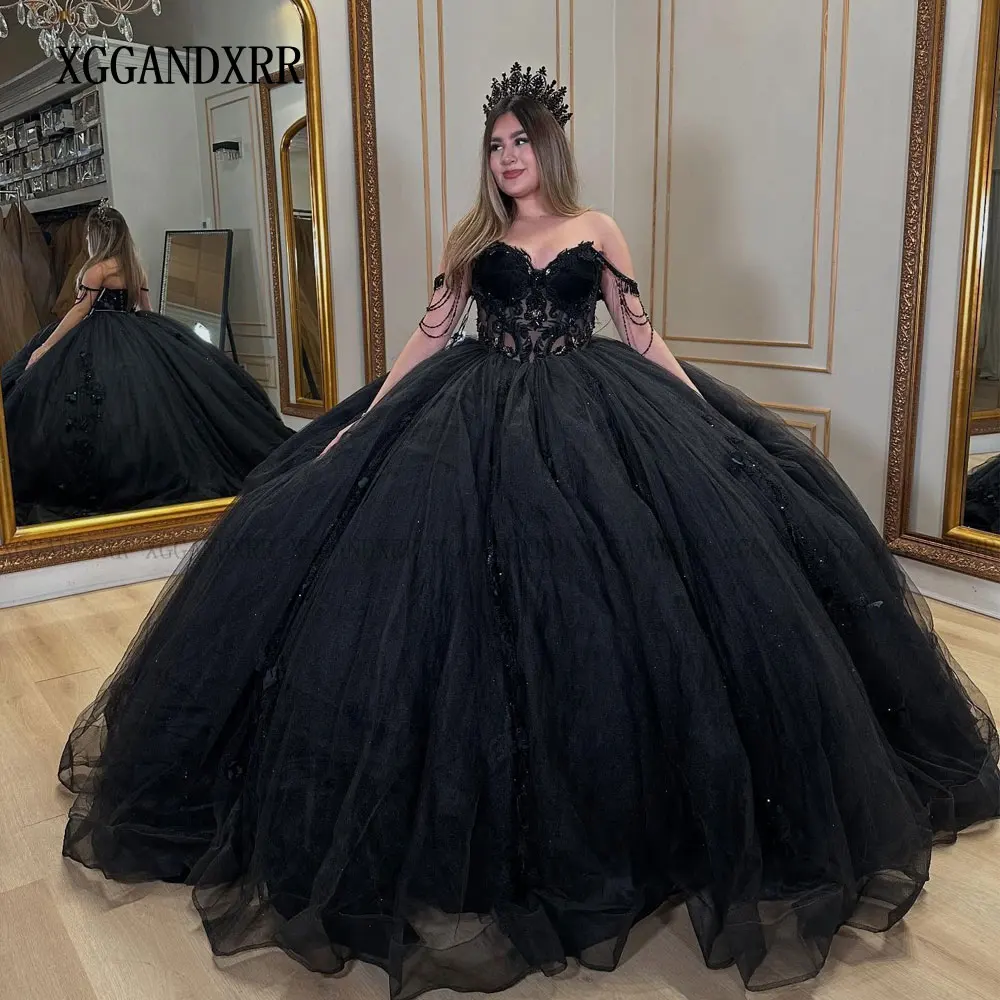 

Customized Black Ball Gown Quinceanera Dress 2025 Long Train Appliques Sweet 16 Dress Birthday Party Vestidos De XV Años