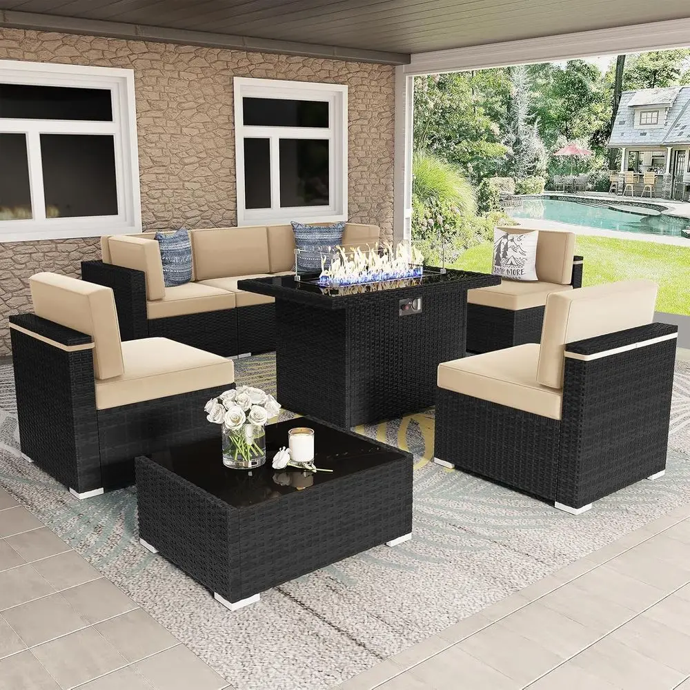 

8-Piece Outdoor Wicker Sectional Sofa Set with 44 Propane Gas Fire Pit Table