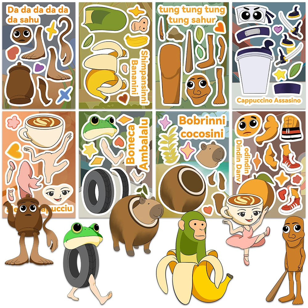 

8/16sheets Abstract Animals Tung Tung Sahur Puzzle Stickers Make a Face DIY Funny Game Assemble Jigsaw Decals Kid Birthday Gifts
