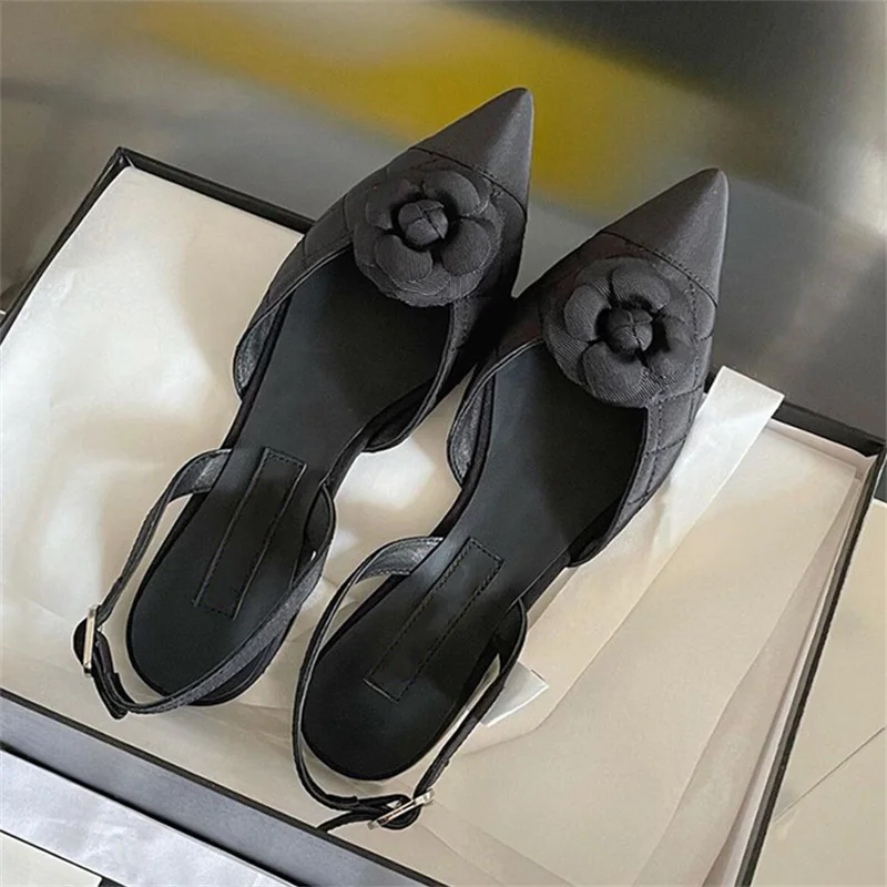 

Flower Decoration Pointed Toe Sandals Camellia Ornamented Flat Shoes Slingback Low Heels Diamond Grid Hollow Out Shoes