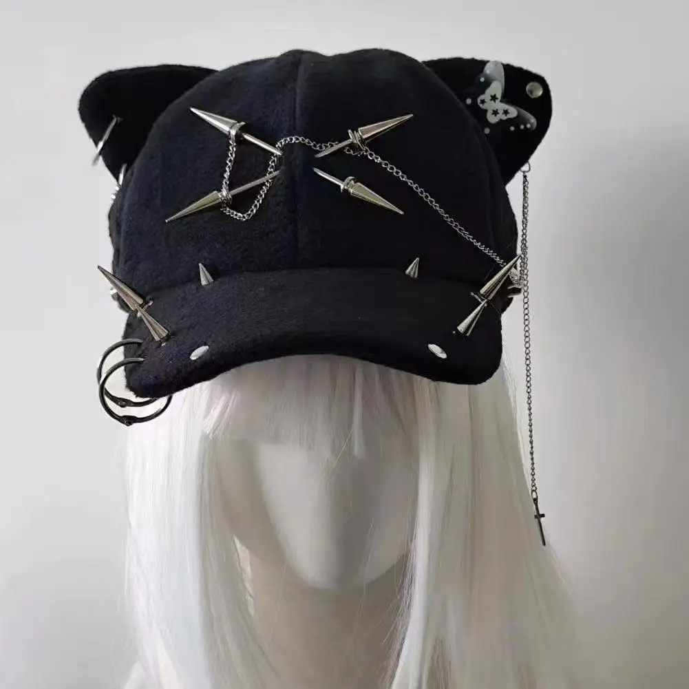 Unique Statement Newsboy Cap 3D Cat Ear Metal Spike Chain Ring Butterfly Ornament Octagonal Beret For Daily Outfit Styling Hat