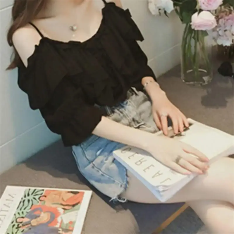 Off Shoulder Tops Women Short Sleeve Red Blouse Korean Style Summer Fashion Casual Shirt