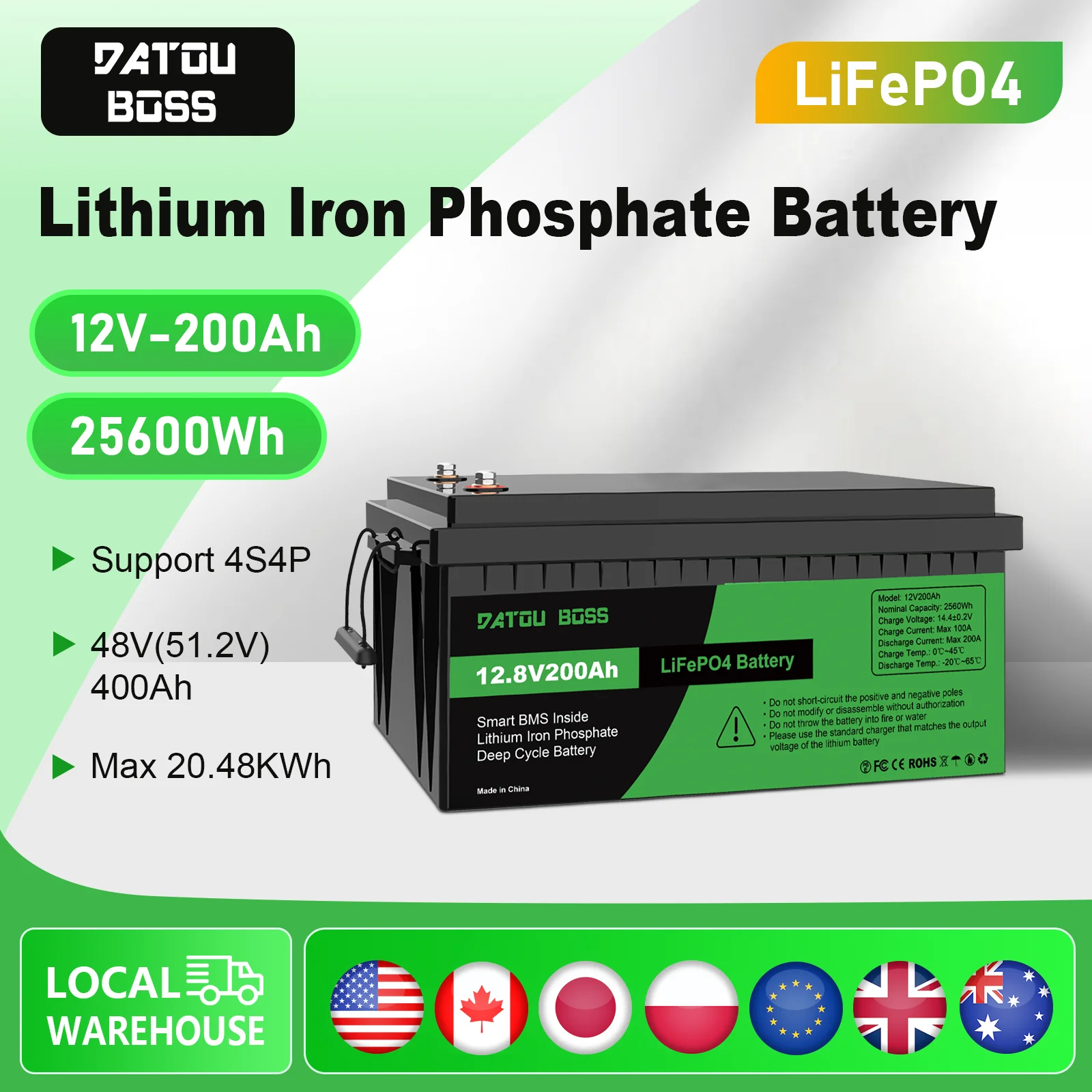 

DATOUBOSS 12V200Ah Portable Rechargeable LiFePO4 Battery Built-in Intelligent BMS System Deep Cycle 10000+ for RV Solar No VAT