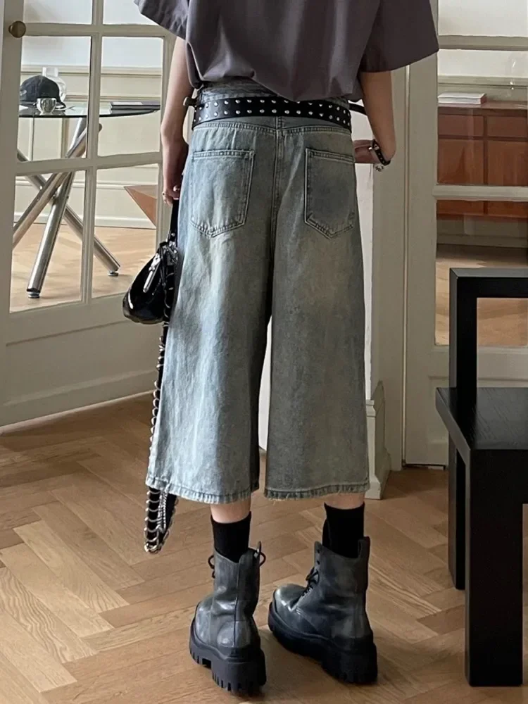 Vintage Blue Ripped Short Jeans Women Oversized Distressed Jorts Y2k Grunge Baggy Boyfriend Denim Shorts Wide Streetwear