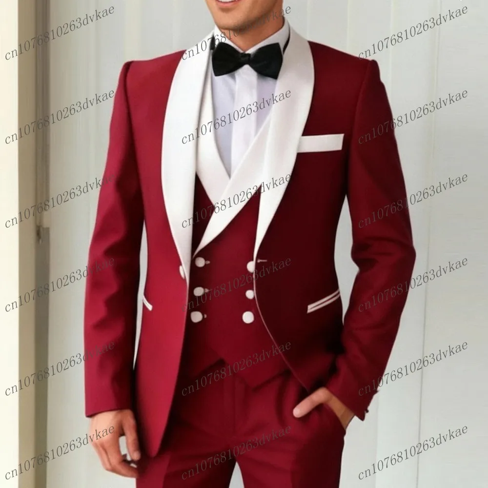جديد الأبيض طوق بورجوندي الرجال دعوى حفل زفاف رسمي العريس وصيف حفلة موسيقية الأعمال الذكور البدلات الرسمية 3 قطعة مجموعة سترة سترة السراويل