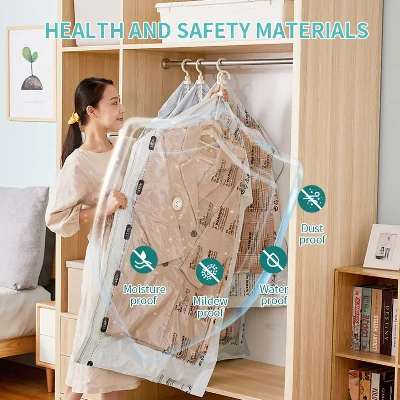 2- 6PCS Vacuum Storage Bag For Clothing Quilt NO PUMP Compressed Bag Reusable Travel Saving Space Bags Closet Hanging Organizer