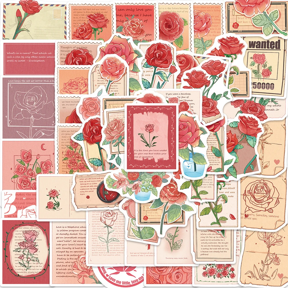 

10/30/50pcs Cartoon Retro Red Rose Letter Stickers Aesthetic Art Decoration Sticker DIY Notebook Guitar Vintage Waterproof Decal