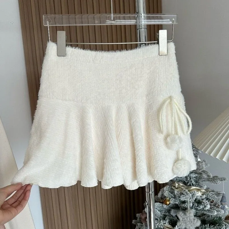 Japanese High Waist All-match White Pleated Mini Skirt Women 2025 Autumn New Streetwear Lace-up Casual Knitted A-line Skirt