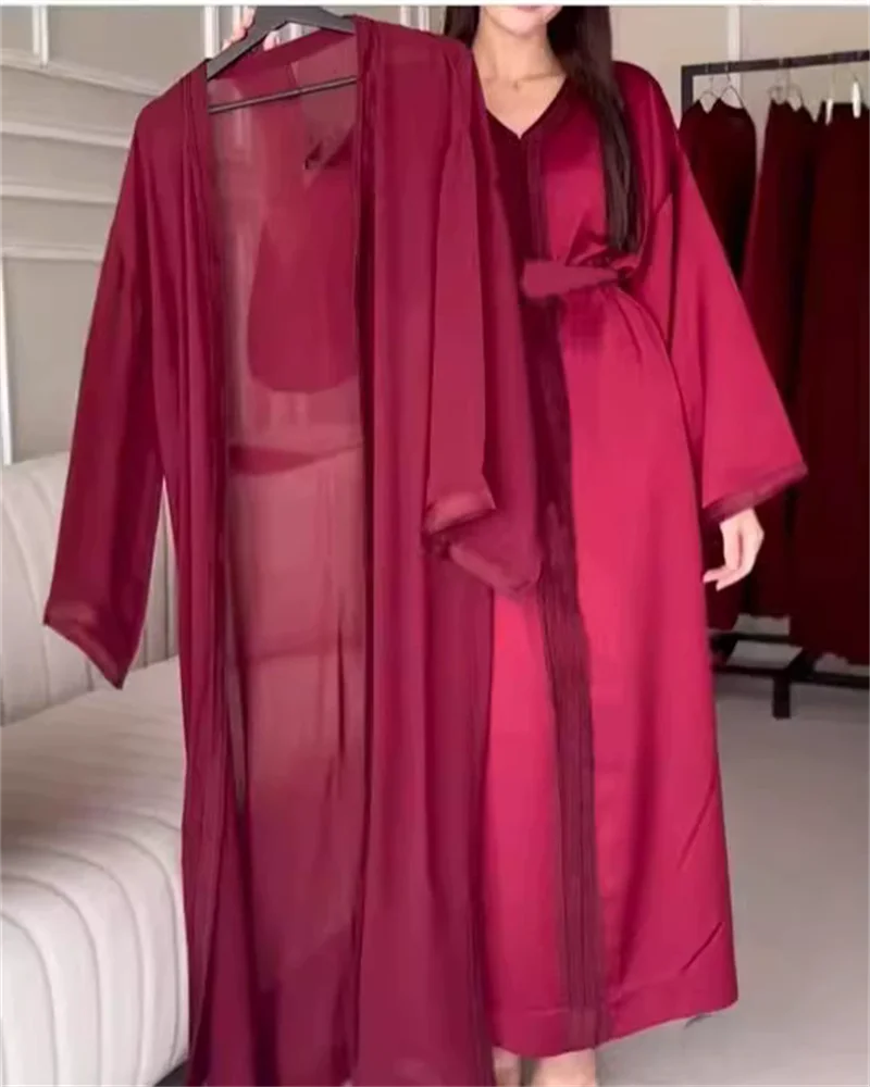 Café Color2 pièces ceinture Abaya ensemble dubaï turquie Bangladesh musulman Hijab modeste caftans Robe Robe Femme Ensembles islamiques 2025