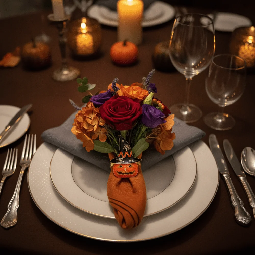 6pcs Enamel Metal Pumpkin Napkin Ring Smooth Edge Vibrant Orange Witch Hat Buckle Reusable Durable Base Halloween Table Decor
