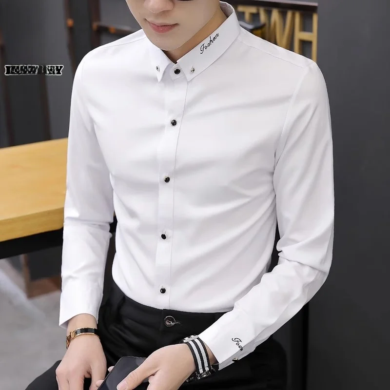 

Men's Slim Fit Long Sve Casual irt White Faionable Spring New Sle Iron Free Polyester Blend M Faion