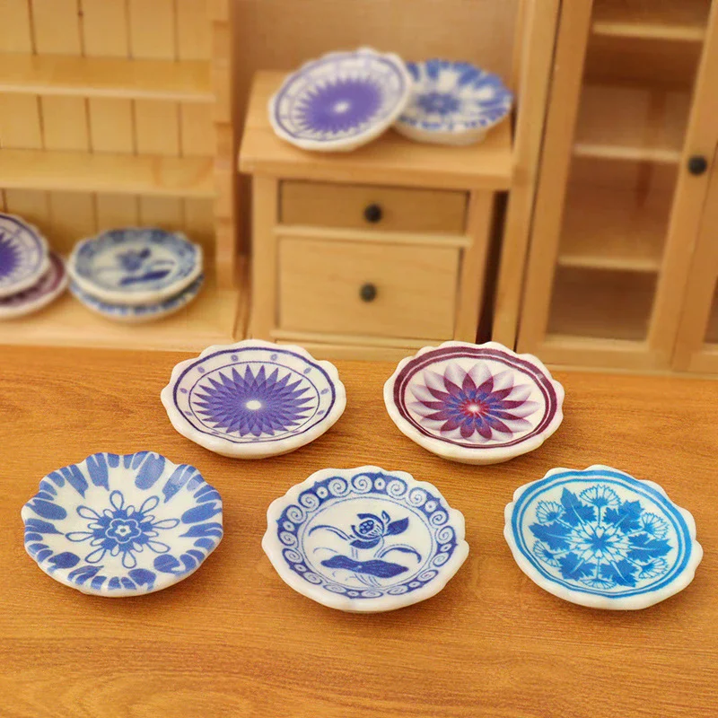 5 szt. Miniaturowe talerze do domku dla lalek w skali 1:12, akcesoria do symulacji kuchni, dekoracja sceny domku dla lalek, zabawka