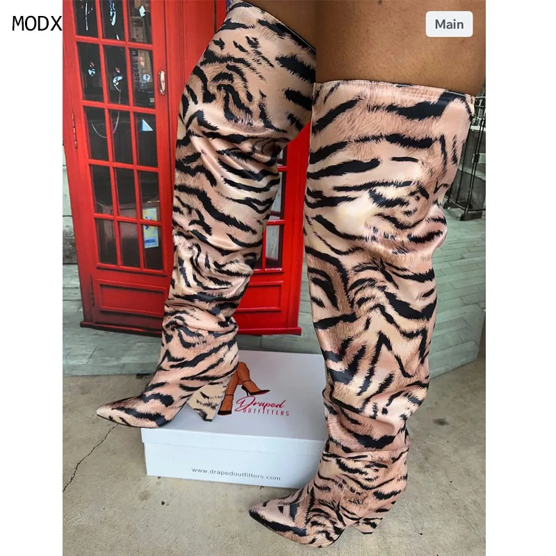 Women Over The Knee Animal Patten Pointed Toe Women Boots Chunky Heels Solid Color Popular Western Classic Sexy Ladies Shoes 44