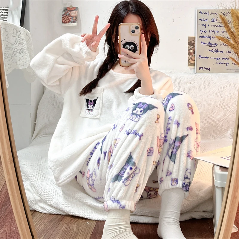 Sanrio Kuromi Pochacco Fashion Casual Home Flannel Thick Warm Cartoon Pajamas Set For Women