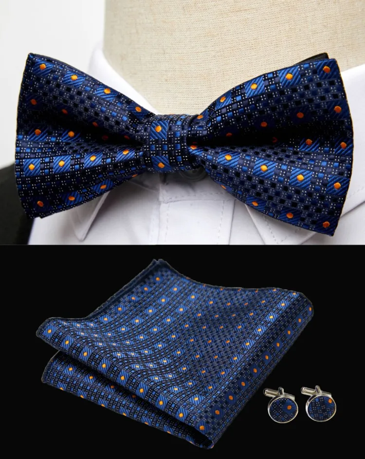 HUISHI Klassische blaue Fliege für Männer, Paisley-Blumenfliege, Einstecktuch, Manschettenknöpfe, Anzug-Set, Hochzeit, Party, kariert, solide Schmetterling – Detail 6