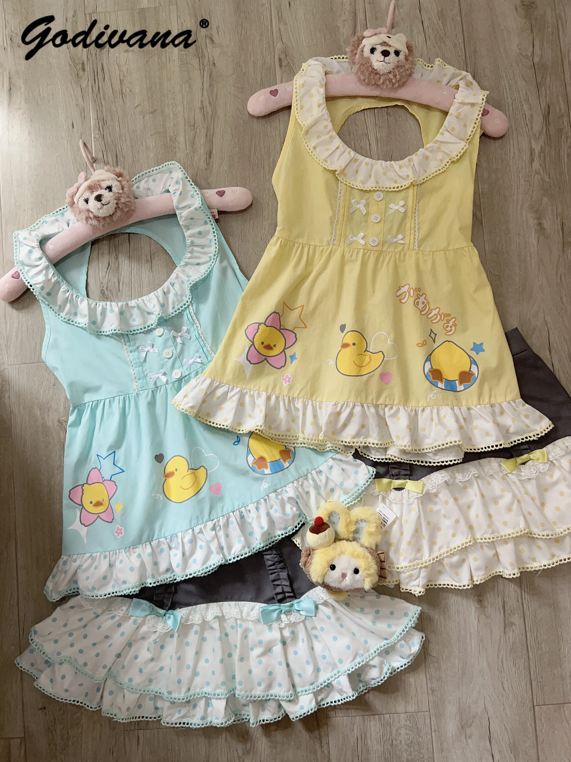 Sweet Cute Girl's Skirt Sets 2026 Summer Sleeveless Kids Polka Dot Print Backless Tank Top Cartoon Lace-trimmed Tiered Skirt