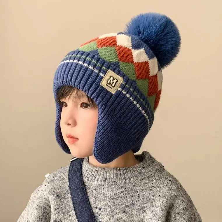 Children's Hat Autumn Winter Knitted Hat Baby Knitted Hat Thick Ear-protection Hat Boys and Girls Plus Fleece Warm Wool 2-10Y