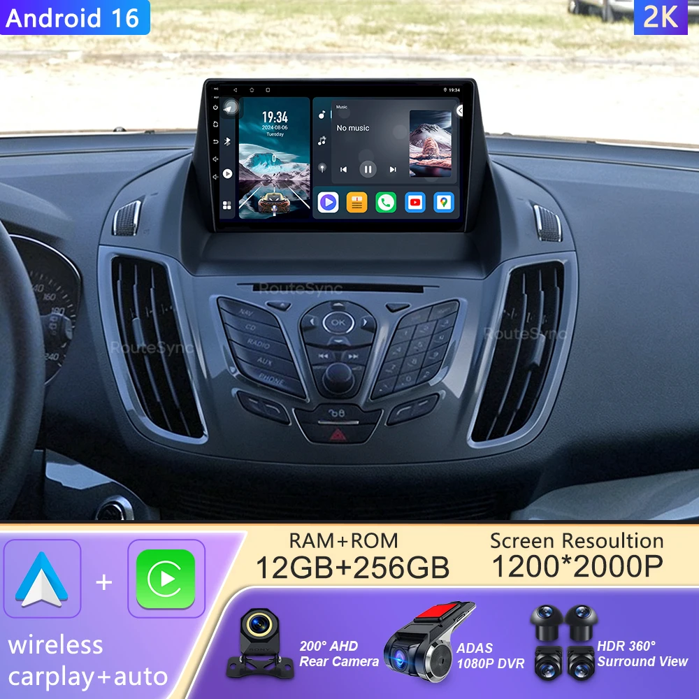Android 16 – samochodowy odtwarzacz multimedialny do Forda C-MAX, Kuga 2, Escape 3 (roczniki 2012–2019) – obsługa Carplay, GPS, Wi-Fi, stereo, Bluetooth, połączenie bezprzewodowe, 5G, 4G, AM.