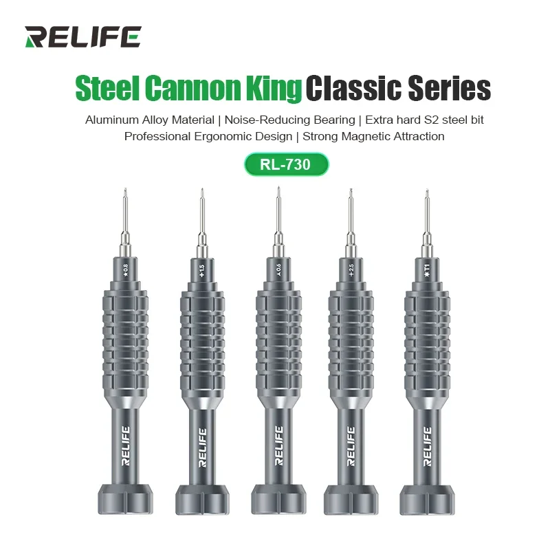 RELIFE RL-730 Steel Cannon King Disassembly Screwdriver Set Y0.6/0.8/+1.5/+2.5/T1 For Mobile Phone Disassembly Screwdriver