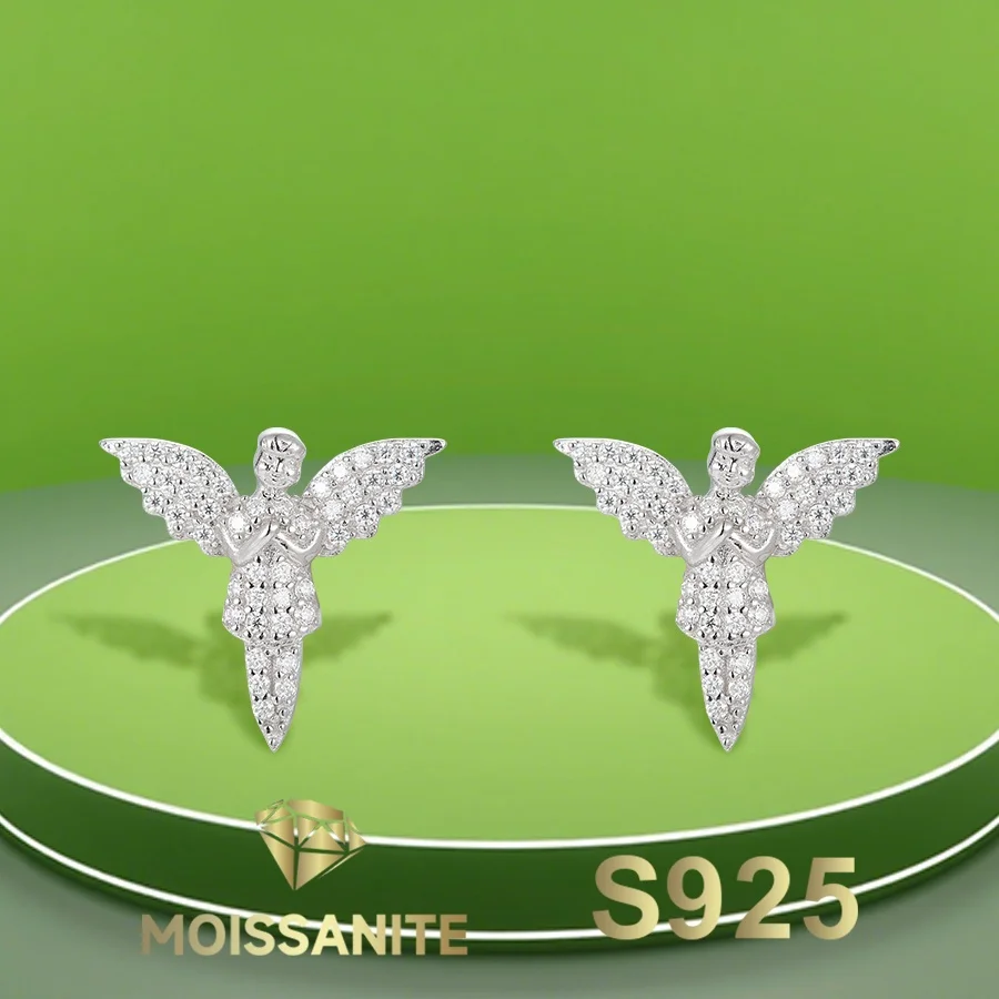 

Серьги с муассанитом ангела, серебряные серьги-гвоздики S925 с сертификатом Gra, модные украшения в стиле хип-хоп, новинка 2025 года