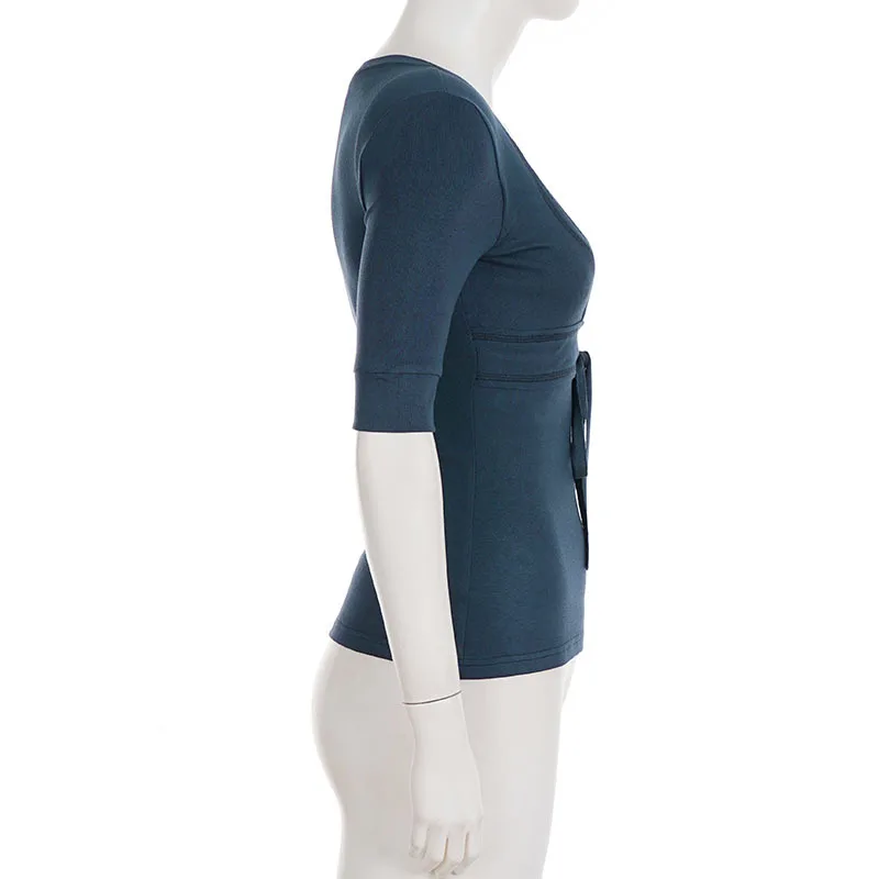 Retro Fashion Style Casual Strap Contrasting Color Lace Patchwork Fake Two Piece Slim Fit T-Shirt for Women
