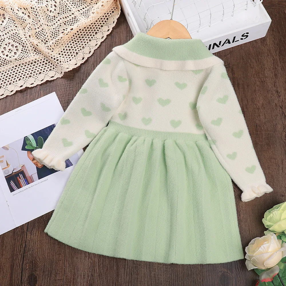 Laura Kors 2023 Winter New Girls Dress Long Sleeve Turn-down Collar Print Heart Green Girls Dress Vestido 3-7T