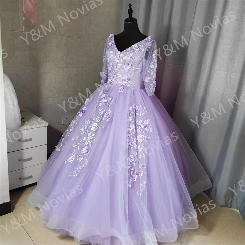 Vestido de quinceañera púrpura personalizado, vestido de fiesta de flores dulces, vestido de baile de encaje de lujo, Media manga, Vestidos bohemios para niñas