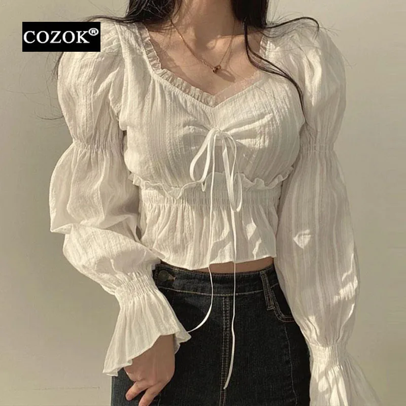 

Cozok Shirts & Blouses for Women 2024 Chiffon Blusas Strappy Ruffles Spring Summer Korean Fashion Casual Preppy Sweet Woman Tops