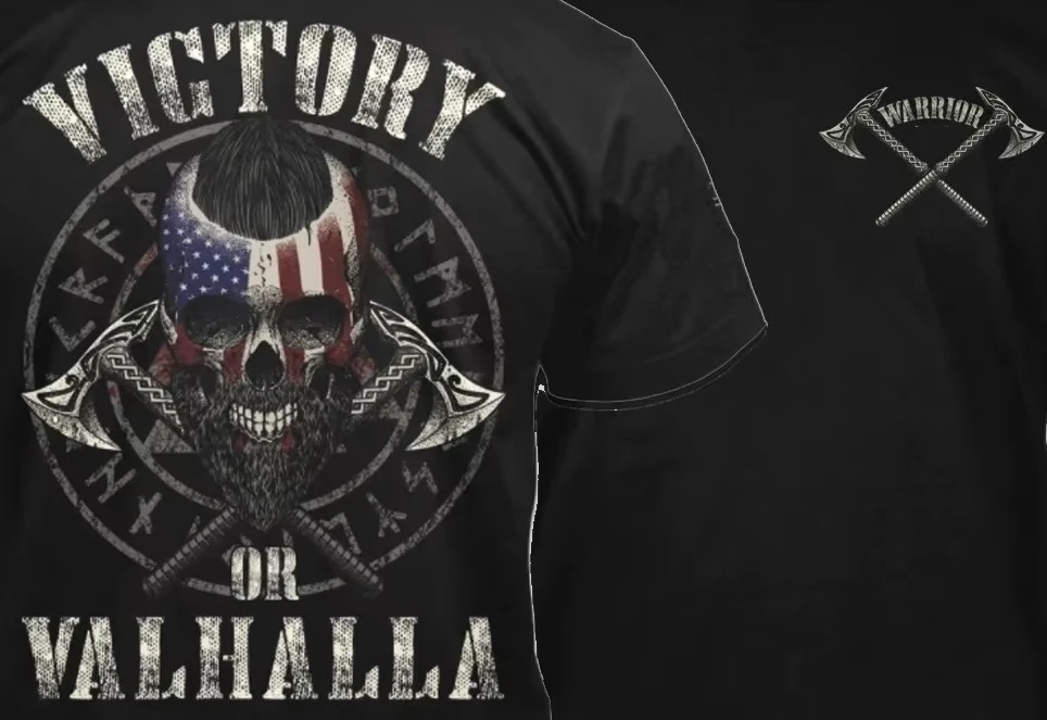 

Victory or Valhalla Skull American Warrior T-Shirt 100% Cotton O-Neck Short Sleeve Casual Mens T-shirt Size S-3XL