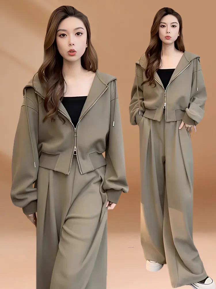 

Spring Autumn 2026 New Arrival Premium Hooded Jacket Wide Leg Pants Sporty Two Piece Set Popular Female Ensemble Zipper Closure