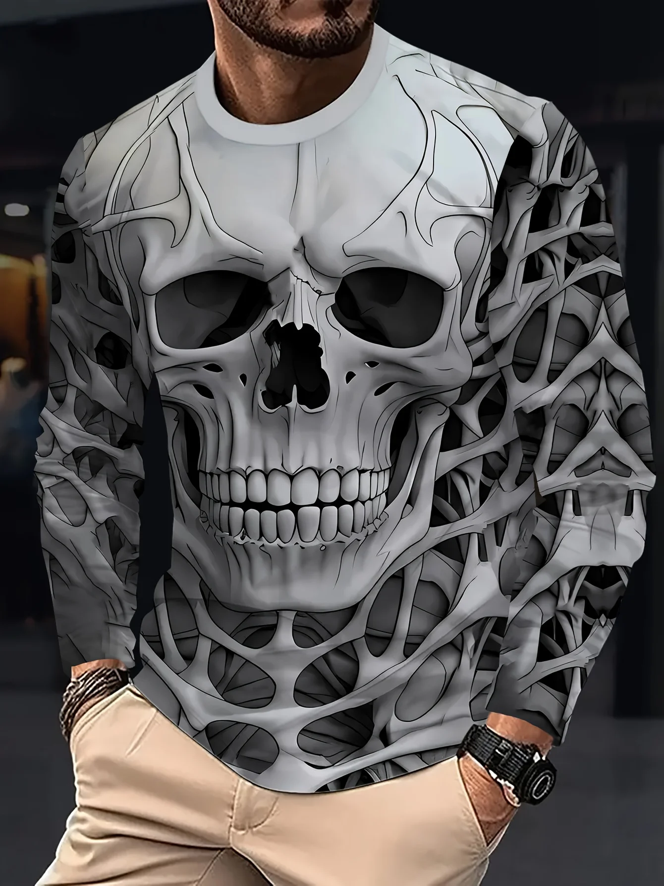 2026 New Fashion Skull Pattern Autumn/Winter 3D Printing Men's Halloween T-shirt Casual Long Sleeve Outdoor Men's Clothing