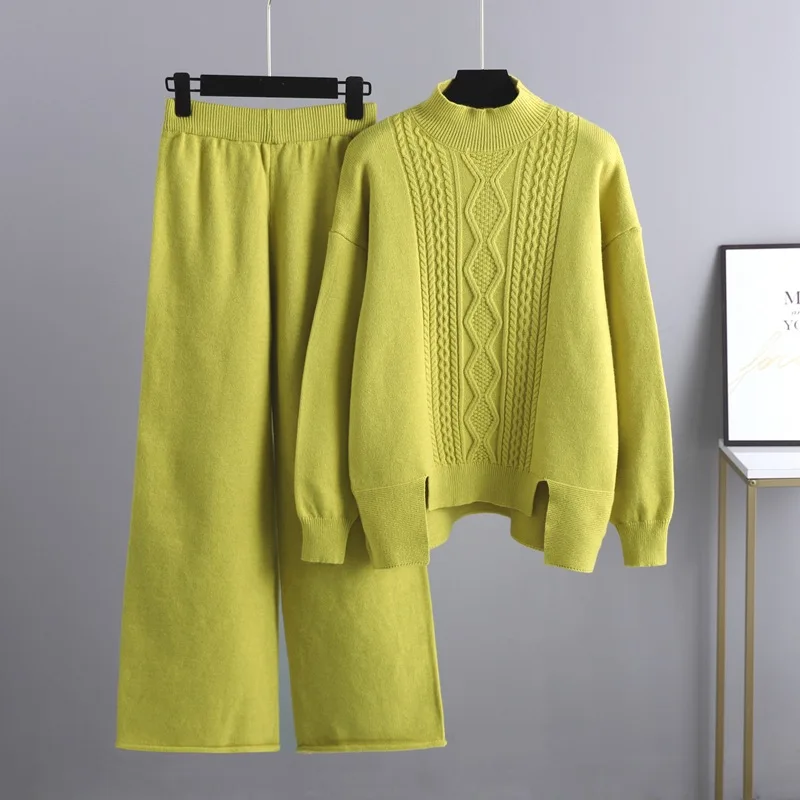 Fall Winter Knitted 2 Piece Sets Women Turtleneck Knitwears Pullover Sweate Tops Outfit Elastic High Waist Sweatpants Conjuntos